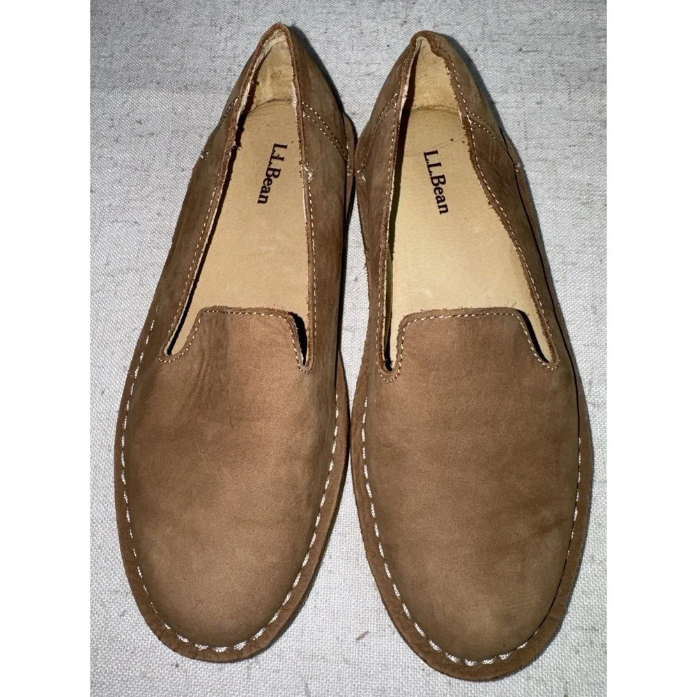 LL‎ Bean Stonington Slip On Shoes Women's 7 Nubuck Soft Brown Leather Loafer - Picture 3 of 8